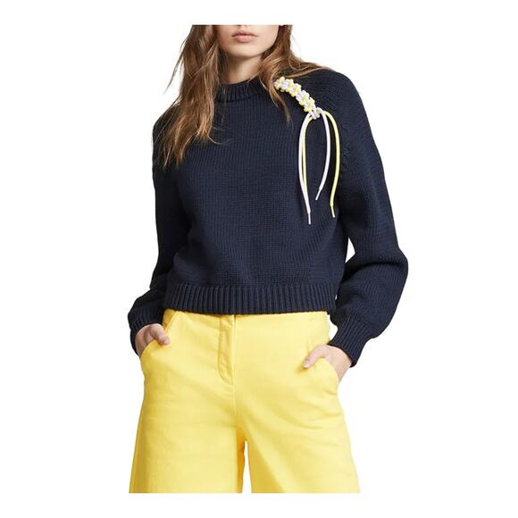Tibi Oversized Lanyard Cropped Sweater Pullover Top in Navy - Picture 2 of 10